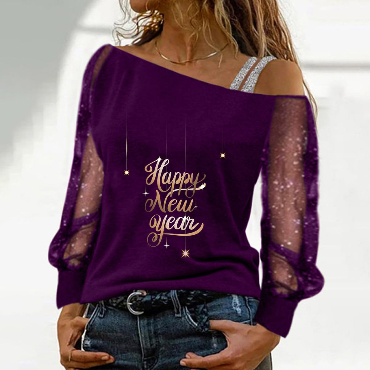 Women's diagonal collar mesh off the shoulder t-shirt with a straight line collar and a loose and versatile base shirt exuding