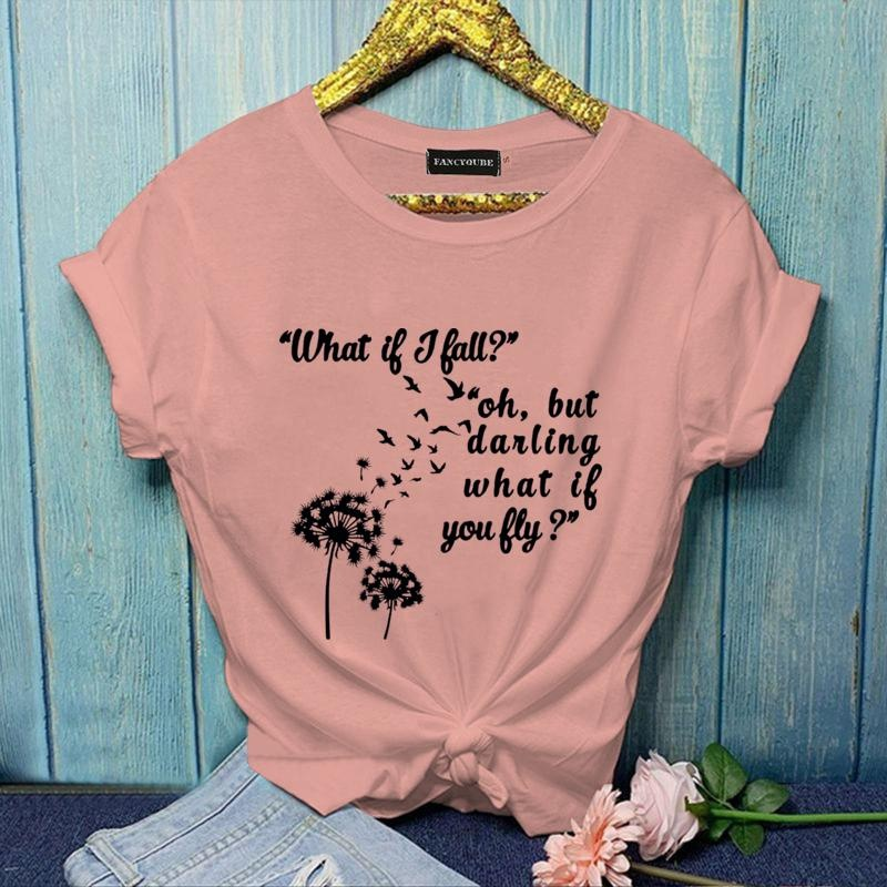 Dandelion Pattern Letter Printed T-Shirt Women's Outdoor Fashion Comfortable Round Neck T-Shirt Women's Dandelion T-Shirt