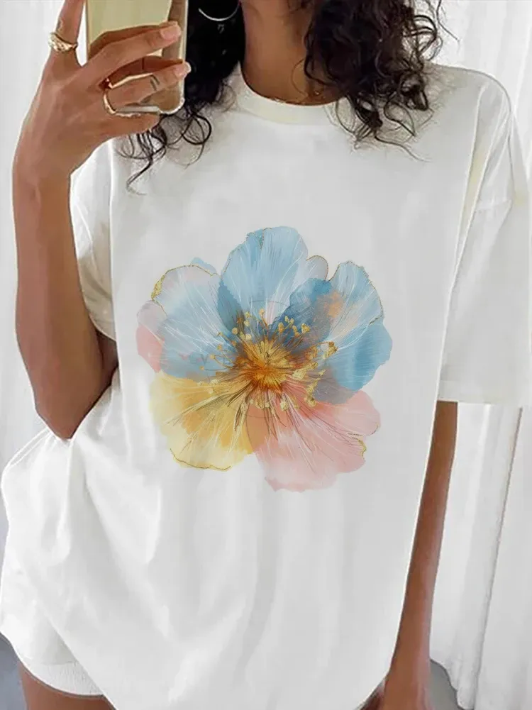 Short Sleeved Harajuku Clothing Printed Casual T-Shirt Women's Top Flower Cute Trend Fashion Printed Pattern Casual Style T-Shir