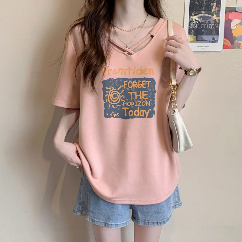 Cotton v-neck short-sleeved women's summer fashion T-shirt