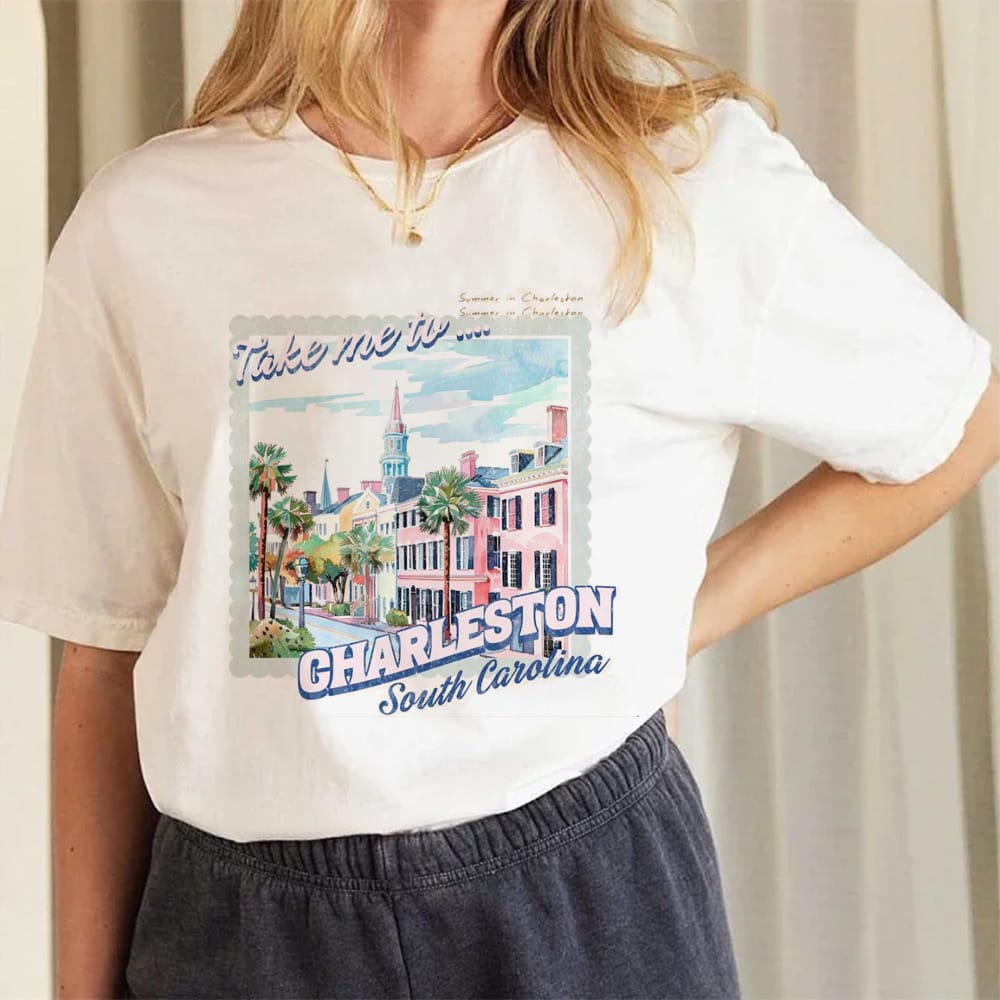 Charleston Summer T-Shirt Women's Short Sleeved Clothing Printed T-Shirt Fashion Versatile Style 90s Printed Women's Cute T-Shir