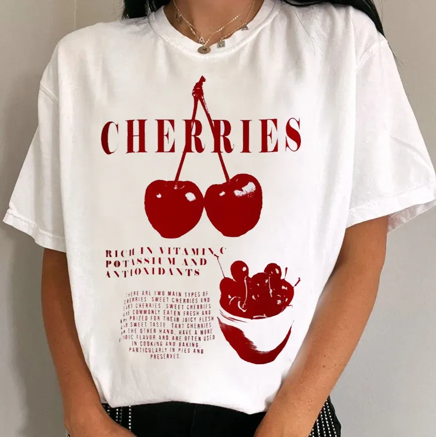 T-Shirt Printing Basic Clothing Short Sleeved O-Neck T-Shirt Casual Fashion Trend Women's Cherry Pattern Summer New T-Shirt.