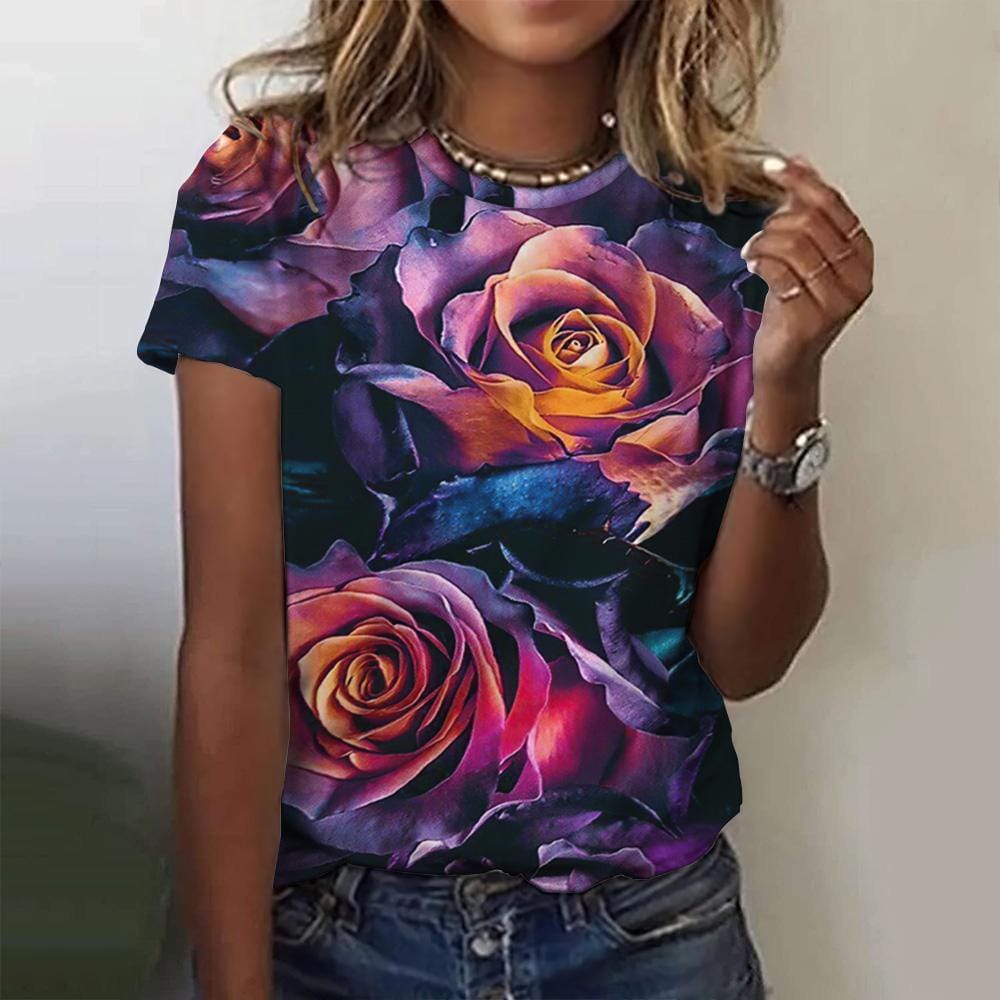 Flower Rose 3d Print T-Shirt Women's T-Shirts Harajuku Casual Short Sleeve Top Tee O Neck Oversized Female Clothing Summer