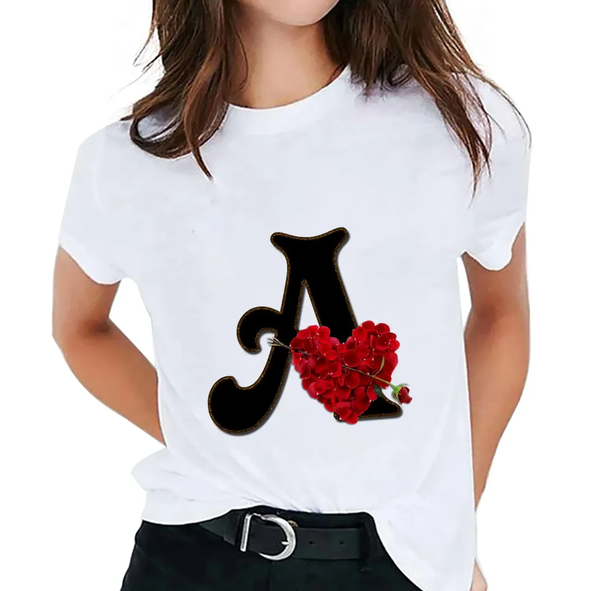 New  Women's T shirt Custom Name Letter Combination Printing Tshirt Flower Letter Font A B C D E F G Short Sleeve Ladies T-Shirt