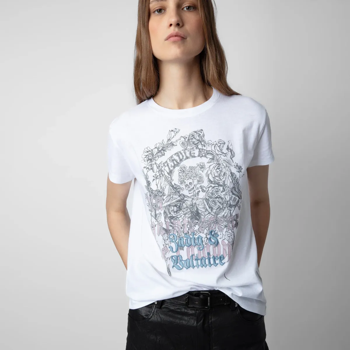2024 Early Spring New French Niche Classic Skull Flower Print English Embroidery Women's Short-sleeved T-shirt