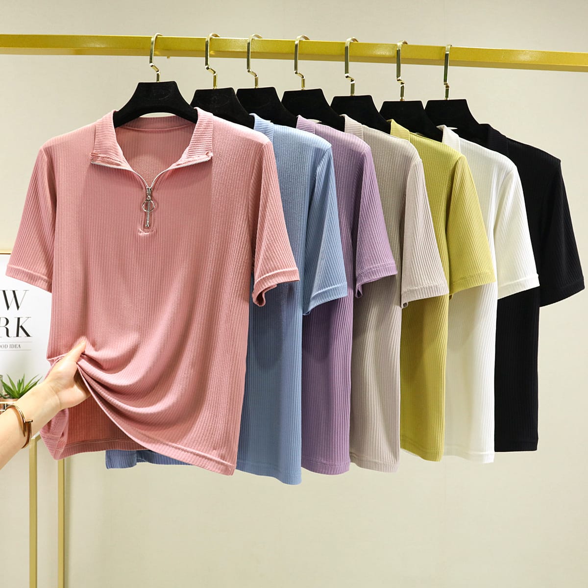 Half Zipper Tshirts Short sleeves Summer women's Rib mask T-shirts Base slim Tee Tops Slim bottoming Top solid color