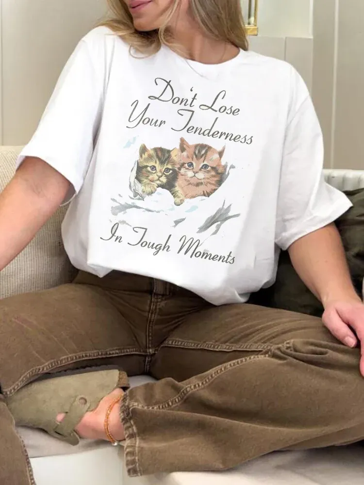 Summer Fashion Women's Plus Size T-Shirt Casual Short Sleeve Watercolor Style Regular Clothing Women's Cat Pattern T-Shirt Cloth