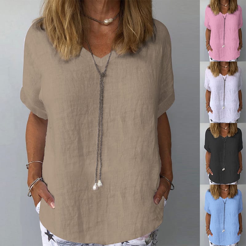 V-neck Cotton Linen Women's T-shirt  Short Sleeve Loose Fit Solid Color Summer Pullover Elegant Lady Basic TShirt Blusas Mujer