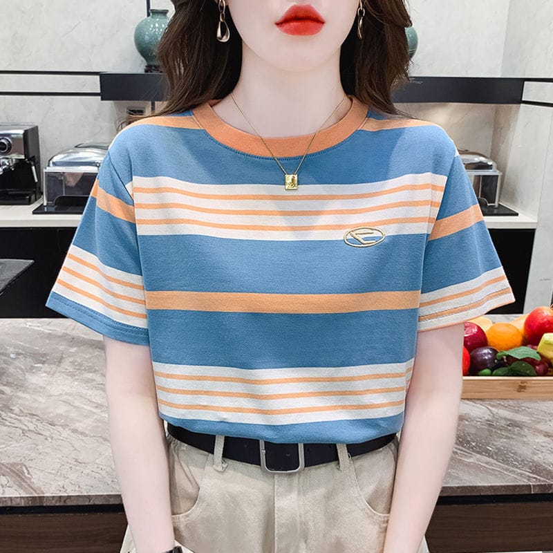 Female Clothing Round Neck Pullover Striped Short Sleeve T-shirt for Women's Summer 2023new Korean Version Versatile Casual Tops
