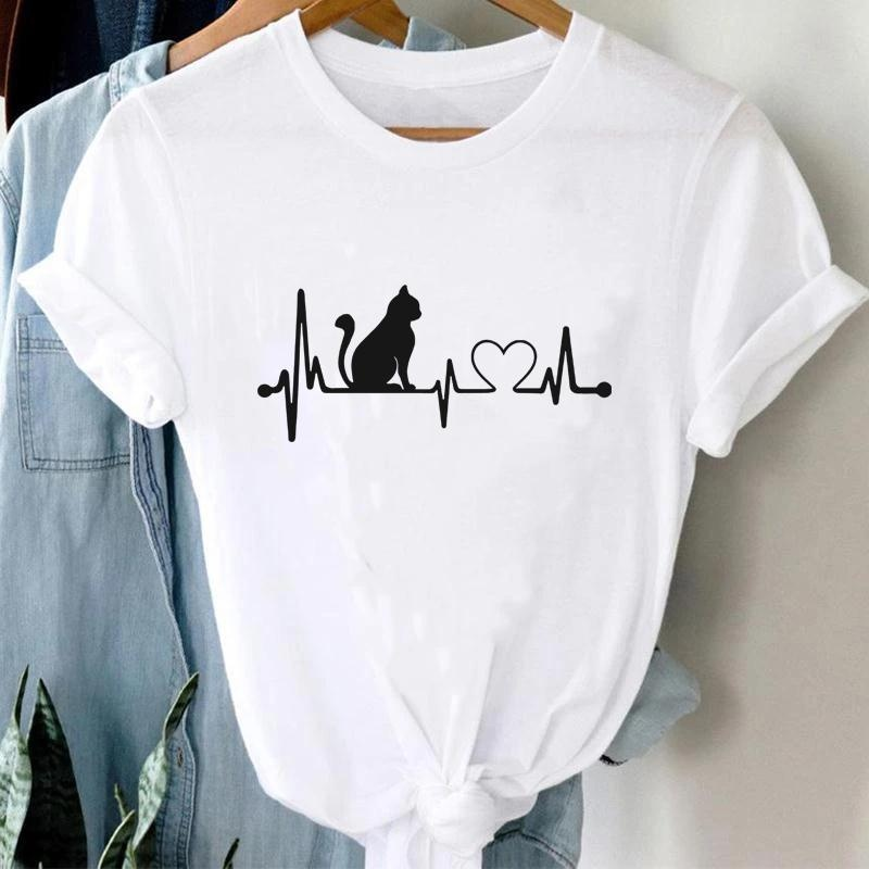 Funny Cat Heartbeat Line Printed T-Shirt Women's Personalized Creative Cat Harajuku Pattern Round Neck T-Shirt Shirt Top