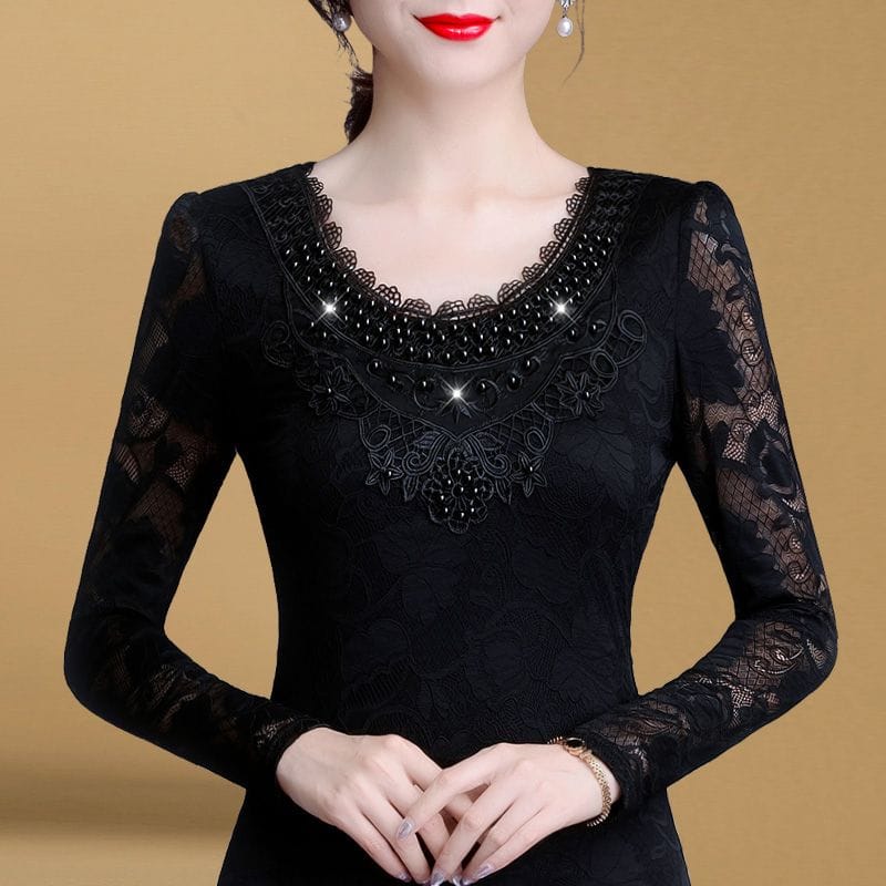 Spring Autumn Round Neck Women's Solid Color Pullover Lace Patchwork Long Sleeve Hollow OutT-shirt Fashionable Casual Tops
