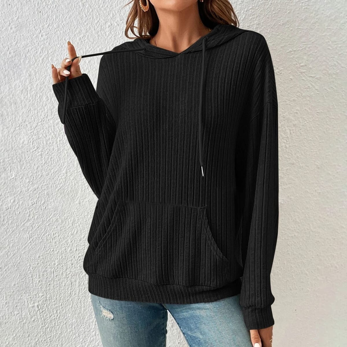 2024 New Knitted Hoodies Women Casual Long Sleeve Drop Shoulder Curved Hem Drawstring Hoodie Solid Color Pullovers Sweatshirt