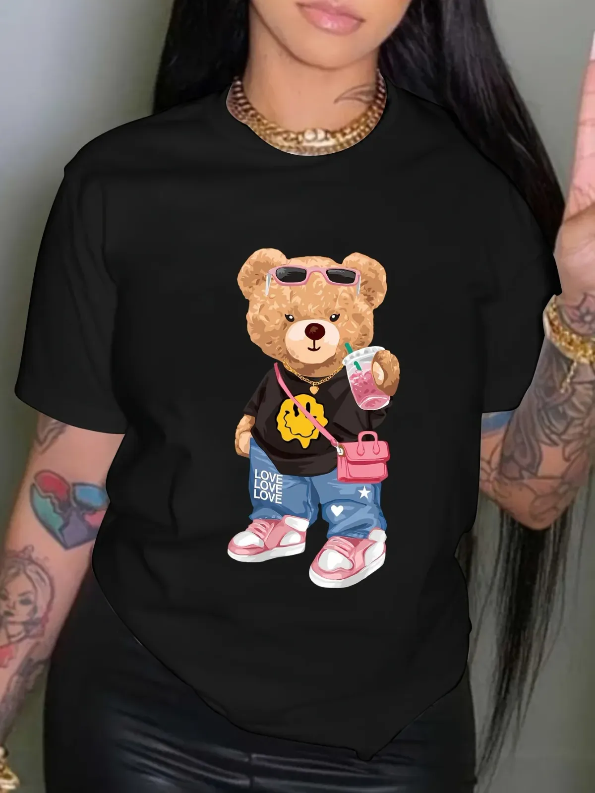 Summer & Spring Women's Clothing Fashion Bear Print O Neck T-shirt  Crew Neck Casual Short Sleeve