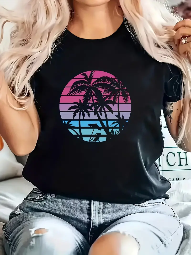 Palm Tree Island Sunset Printed Short Sleeved Casual Women's Fashion Women's Pattern T-shirt Women's Printed Summer T-shirt