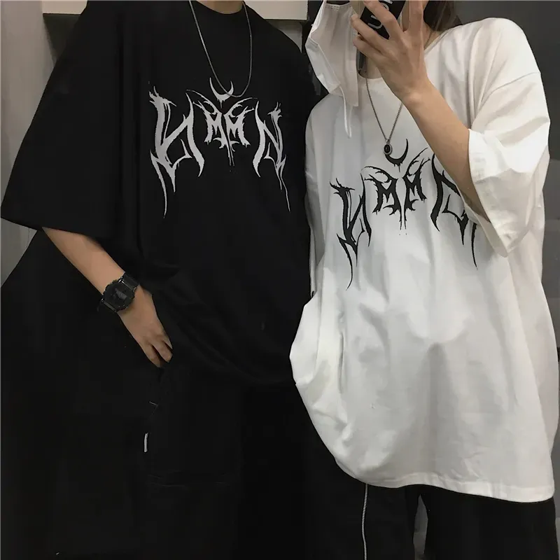 Women's T-shirt Punk Letter Printing Harajuku Oversize Short-Sleeve Hip-Hop Loose Tops Clothing Women Vintage Couple Tees