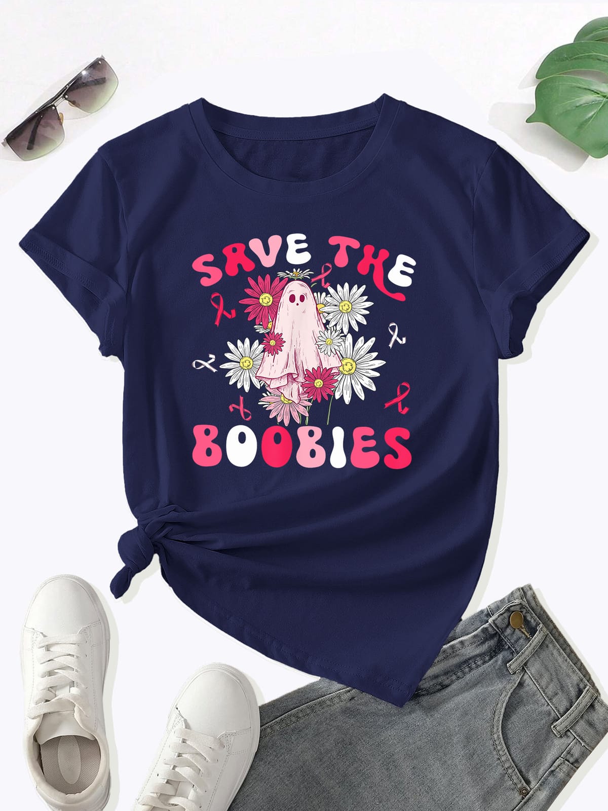 100% cotton women's short sleeve T-shirt cartoon chrysanthemum imps, round neck, multiple colors, sizes XS to 3XL
