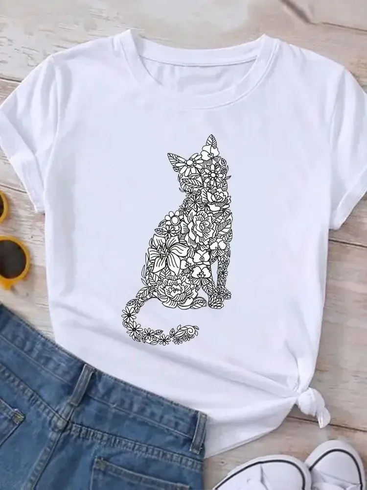 Women's Fashion Crew-Neck Cute Kitten Print Summer Trend Women's Y2K Top Trend Breathable Crisp Short Sve T-Shirt