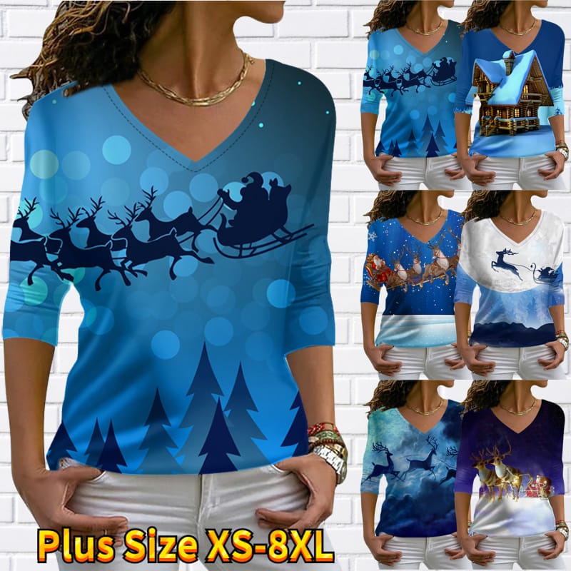 Women's Casual Daily Active Streetwear Tee T Shirt Christmas Reindeer Print Graphic Sparkly Basic Long Sleeve V Neck XS-8XL