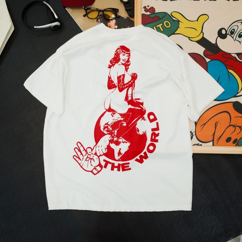 Summer Sexy Knight Girl Printed Short Sleeve Retro American Casual Loose Street Apparel Men's and Women's Round Neck T-shirt