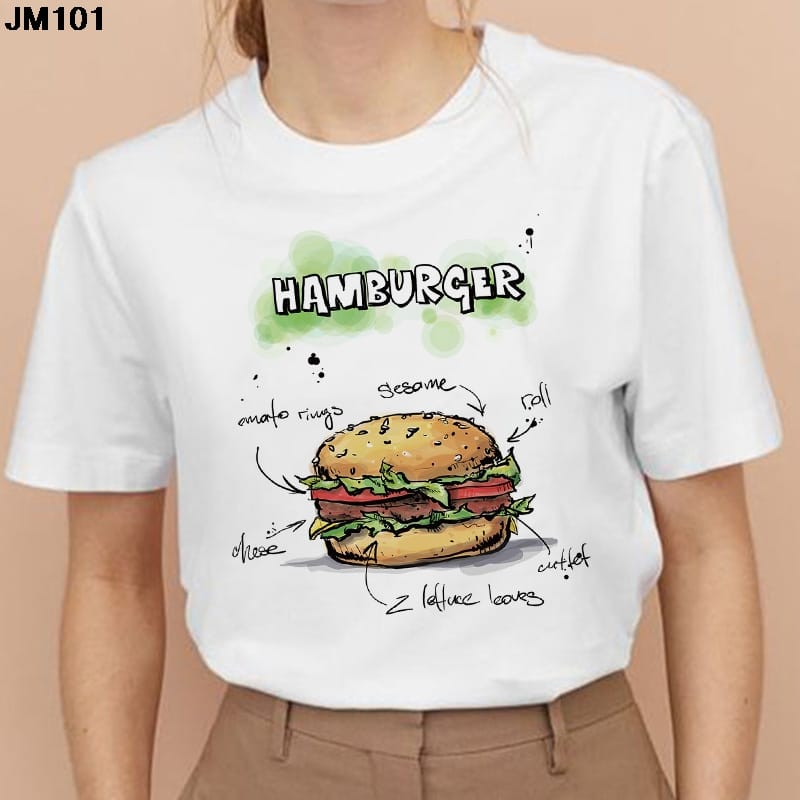 Fashion Cute Interesting Burger Printed Tshirt Harajuku Short Sleeved Top Women's T Shirt Casual Streetwear White T-shirt Female