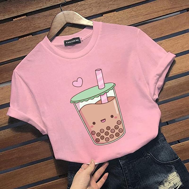 New Cute Pearl Milk Tea Lovers Pattern Printed T-Shirt Women's Fashion Cute Milk Tea Harajuku Shirt T-Shirt Tops