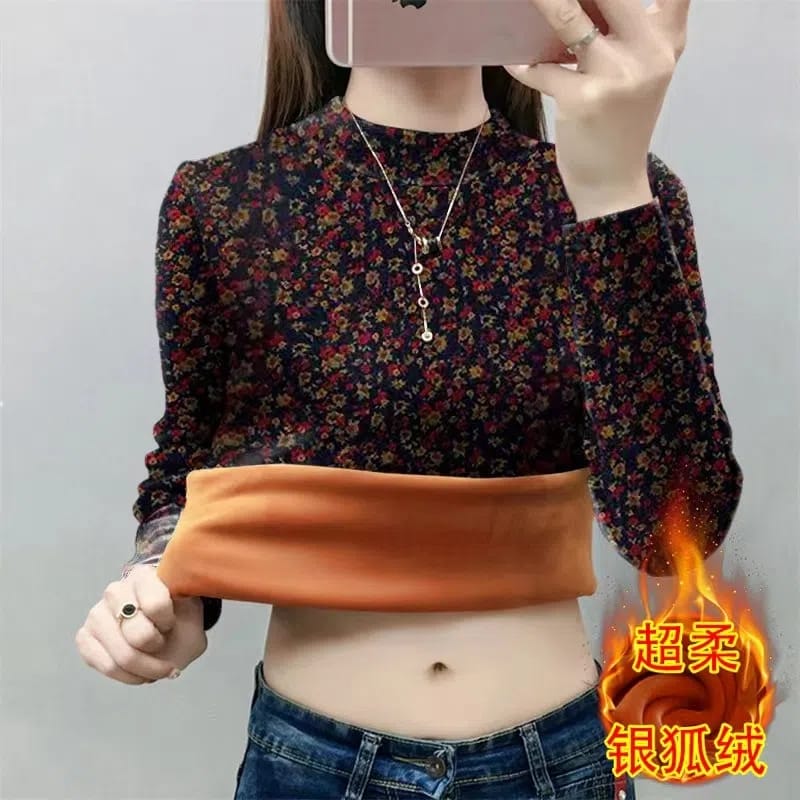 Women Add Velvet Thicken Bottoming Shirt Pullover Autumn Winter Half-Turtleneck Warm Clothing Fashion Print T-Shirt Tops Female