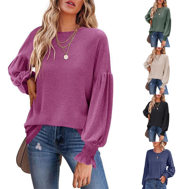 Europe and the United States women's autumn and winter new round-neck T-shirt lantern sleeve women long-sleeved top women