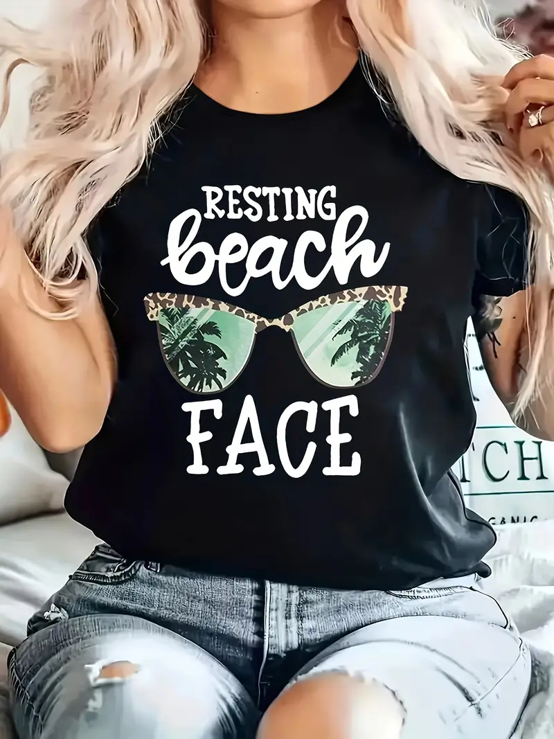 Beach Sunglass	Women t shirt Summer Fashion Short sleeved T-shirt Tee Tops Printed O-neck Casual T-shirt Women's Clothing
