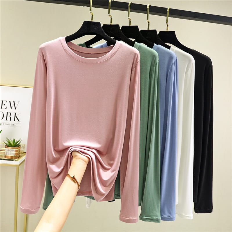 Modal Long Sleeve T-shirt Women's 2023 New Autumn/Winter Loose O-Neck  Baisc Bottoming Shirt Korean Solid Thin All-Match Top