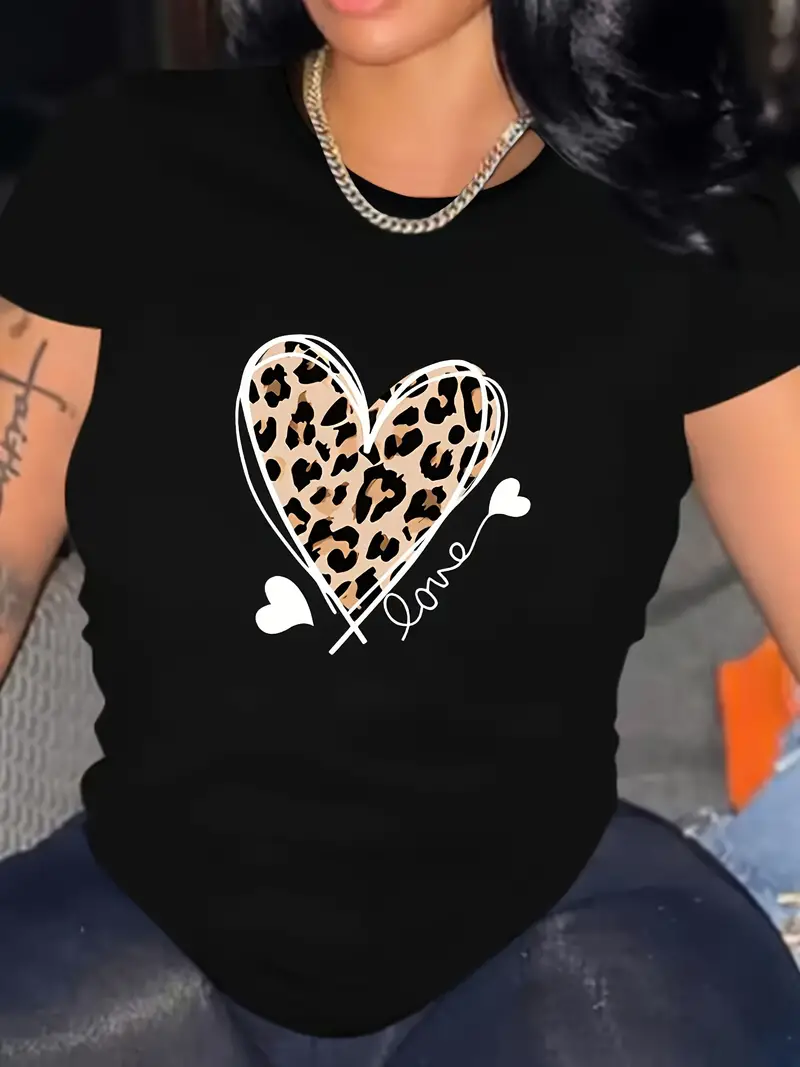 Leopard Heart Printed Short Sleeved Casual Women's Fashion Women's Pattern T-shirt Women's Printed Summer T-shirt