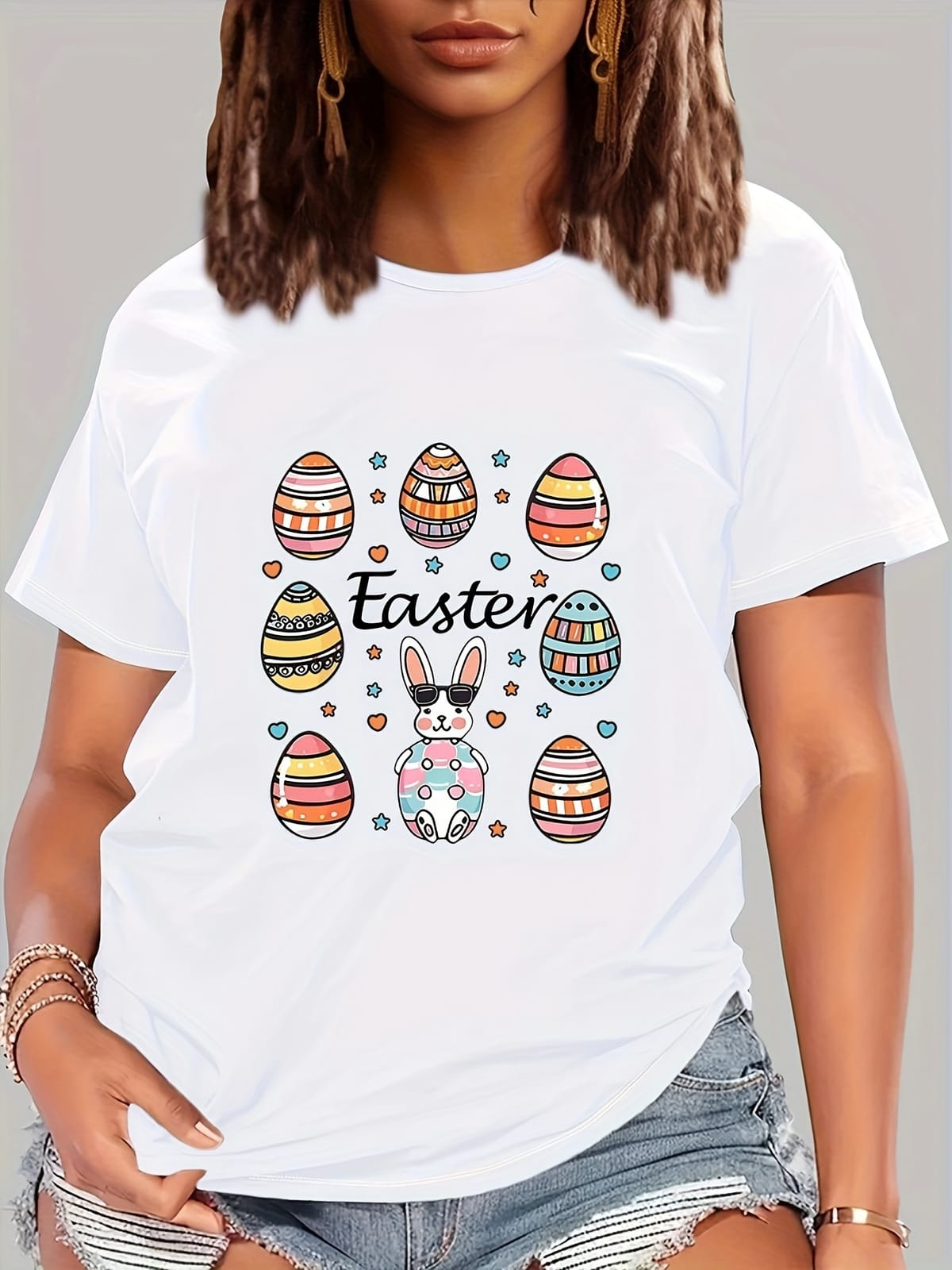 Easter Eggs & Rabbit Print Casual T-Shirt, Round Neck Short Sleeves Soft Sports Tee, Women's Comfy Tops