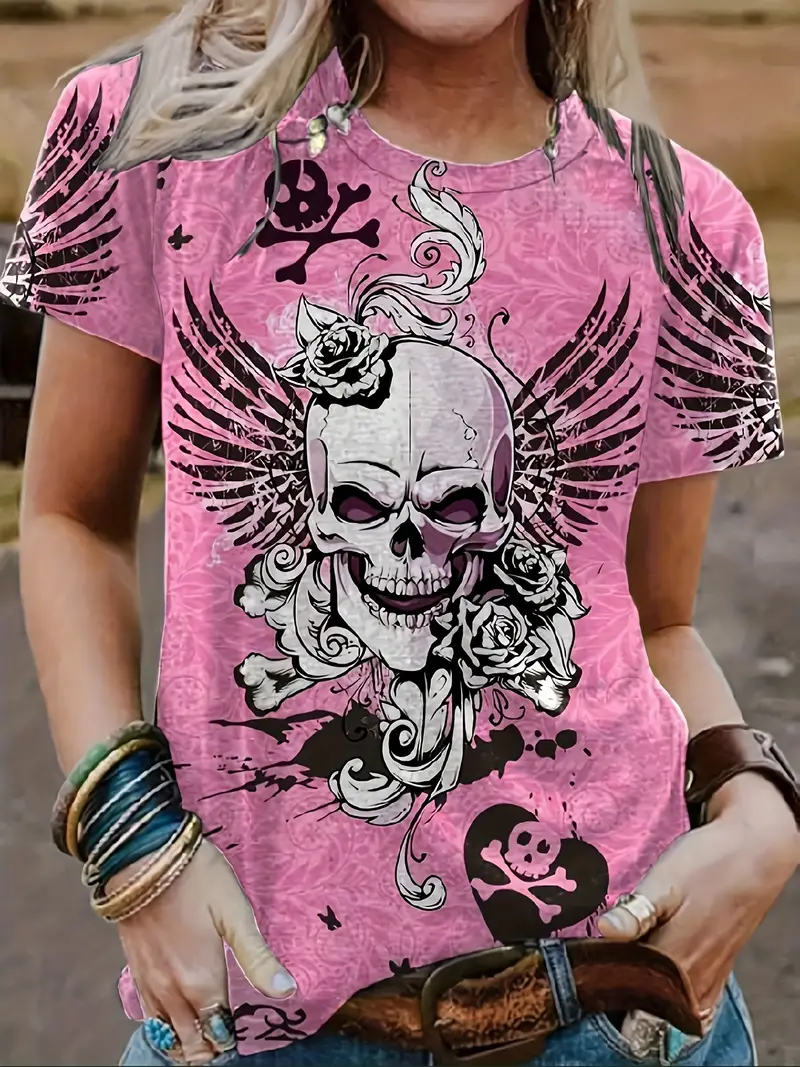 2024 Women's Casual Crew Neck Printed 3D Skull Pattern T-Shirt Summer Fashion Breathable Refreshing High Quality Short Sleeves