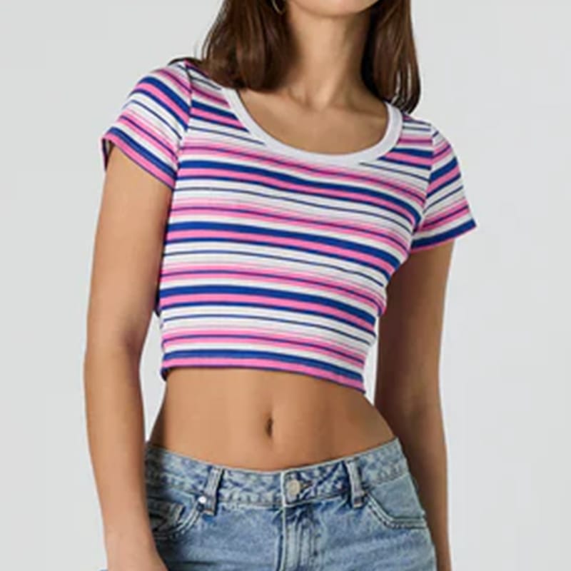 Sexy Striped Short-Sleeved T-Shirts 2024 Summer Y2K Thin Women's Crop Top Harajuku Korean Slim Round Neck Fashion Retro Tshirts