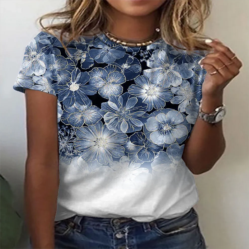 Women's T-Shirts Flower 3d Print T-Shirt Harajuku Casual Short Sleeve Top Tee O Neck Oversized Female Clothing Summer