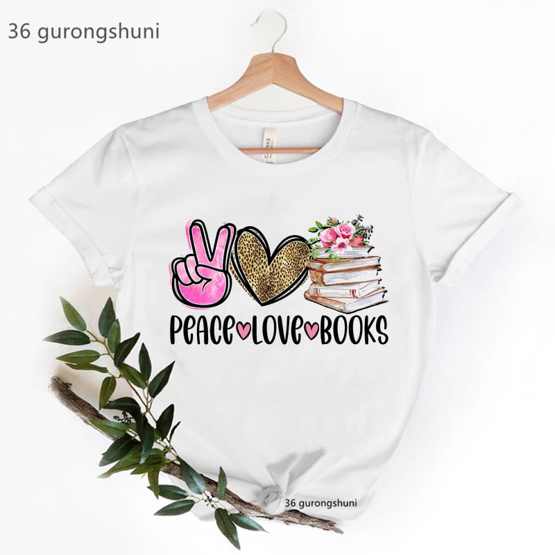 Peace Love Books Graphic Print Tshirts Women'S Clothing Leopard Flowers T Shirt Female Summer Fashion Tops Tee Shirt Femme
