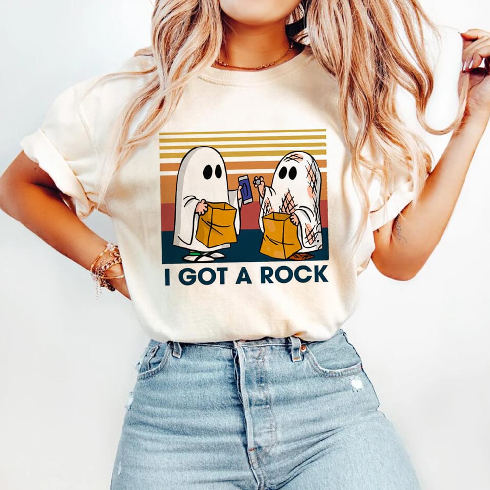 I Got A Rock Cute Couple Ghost Fun Halloween T-Shirt Women's Fashion Short Sleeved T-Shirt Printed Casual O-Neck Style T-Shirt