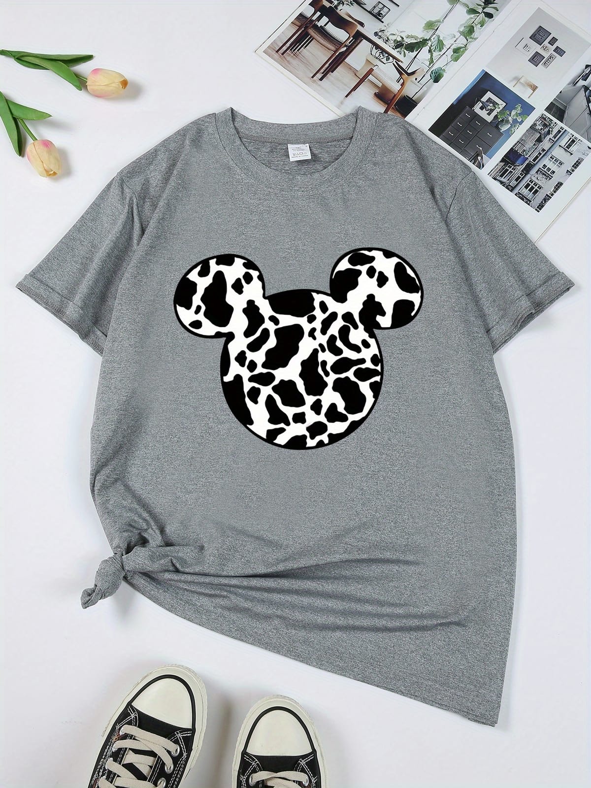 Women's Casual Sports T-shirt , Plus Size Spotted Mouse Print Stretchy Round Neck Breathable Fabric Short Sleeve Fitness Tee Top