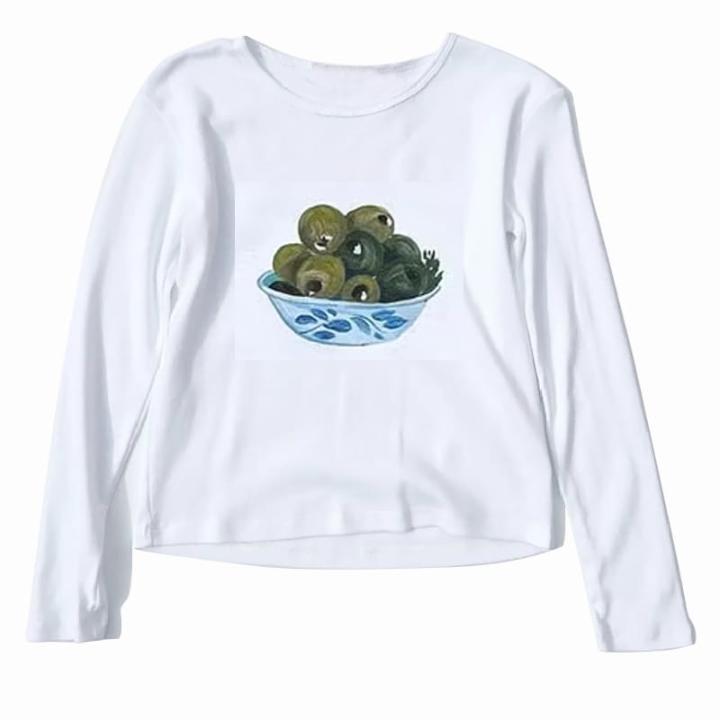 Y2K autumn Harajuku grape print T-shirt beautiful exposed navel hip-hop punk long sleeved women's top 90s Harajuku streetwear