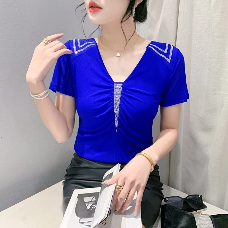 New Summer Ladies Short Sleeved Sexy V-neck Mesh T-Shirt Fashion Temperament Hot Diamond Women's Folded Designer Tees Top