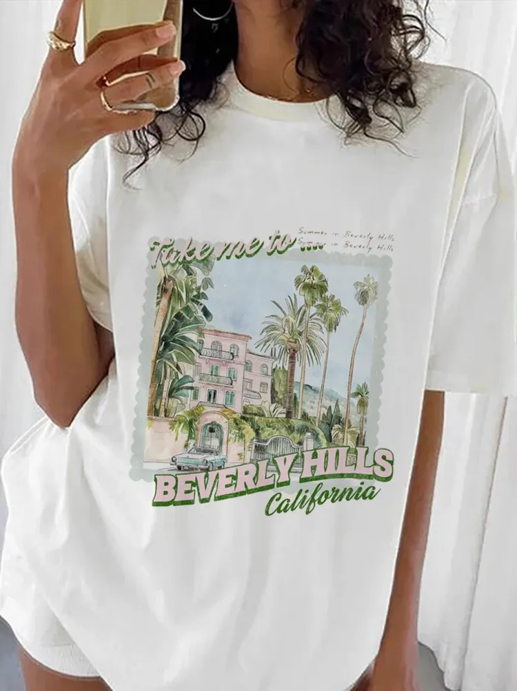 Beverly Hills Printed Women's Round Neck Fashionable Print Summer Cute Casual Style Women's Short Sleeved New Versatile T-Shirt