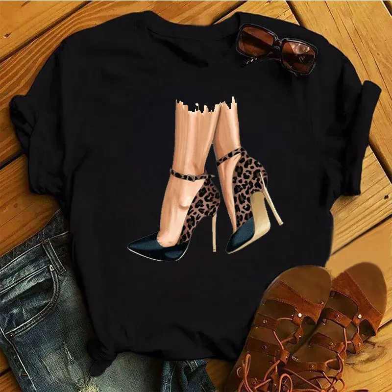 Fashion New Women's Red High Heels Printed Large Size Fashion Short Sleeve T-shirt Europe and The United States Aesthetic Tee
