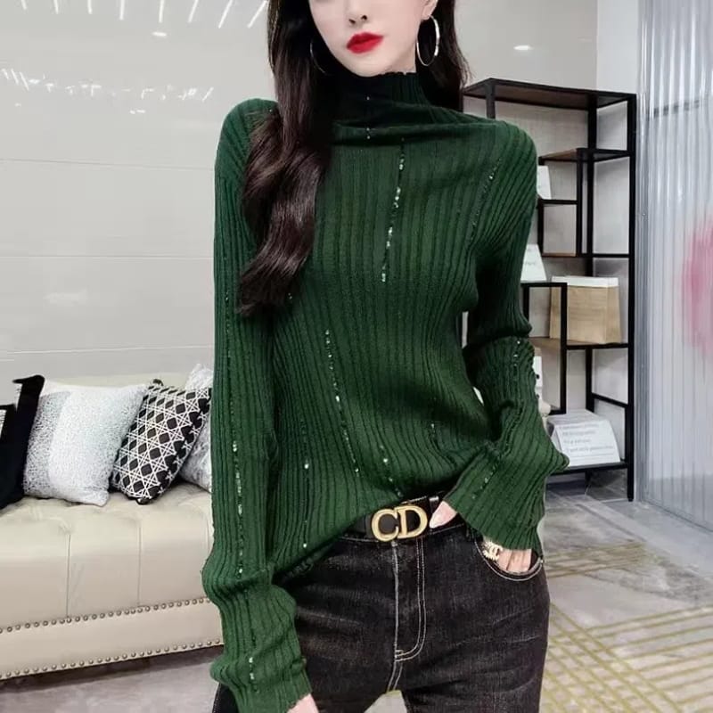 Simplicity Office Lady Autumn/Winter Women's Turtleneck Solid Bright Silk Screw Fashion Long Sleeve Bottoming Shirt Knitted Tops