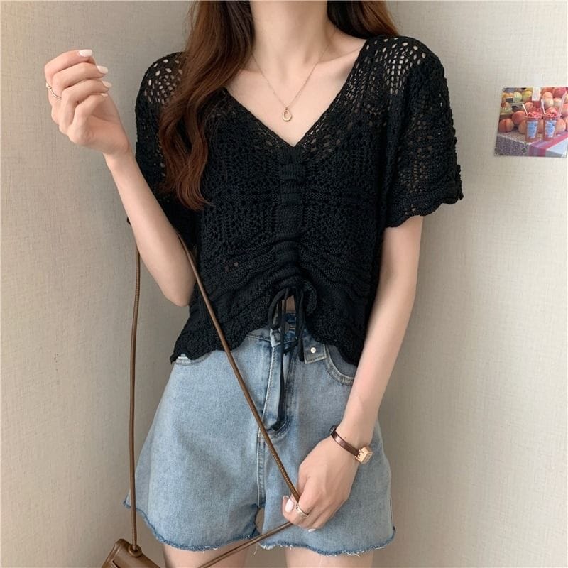 Summer New Drawstring Lady V-neck Short Hollow Knitted Women's Hollowed out Short Sleeved Top Sweater Black