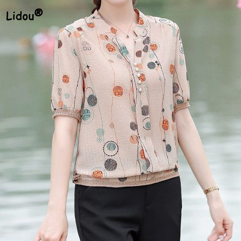 Fashion Loose Printed Short Sleeve Female T-shirt 2023 Summer Women's Clothing Vintage Beading Spliced All-match V-Neck Tops