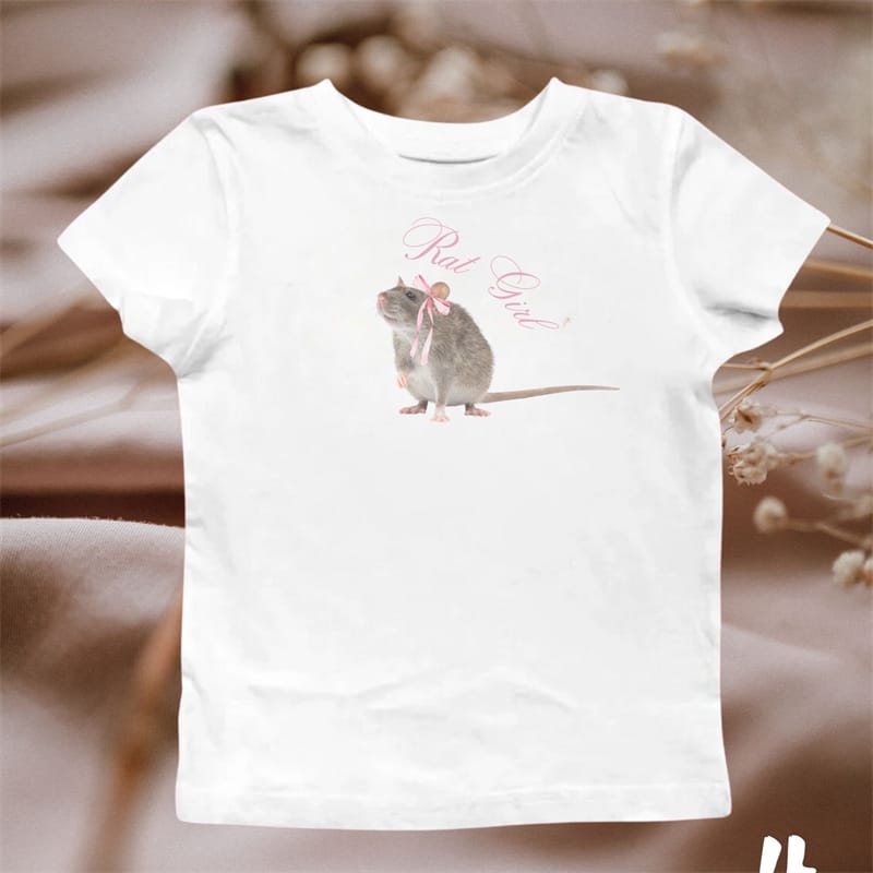 Y2k Women's Short Sleeved T-Shirt 90s Vintage Slim Fit Cute Bow Mouse Print Top Streetwear Casual Summer Outfit Clothes 2024