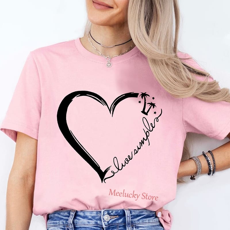 Minimalist love print pattern 2024 women's summer round neck short sleeved T-shirt, versatile and minimalist style