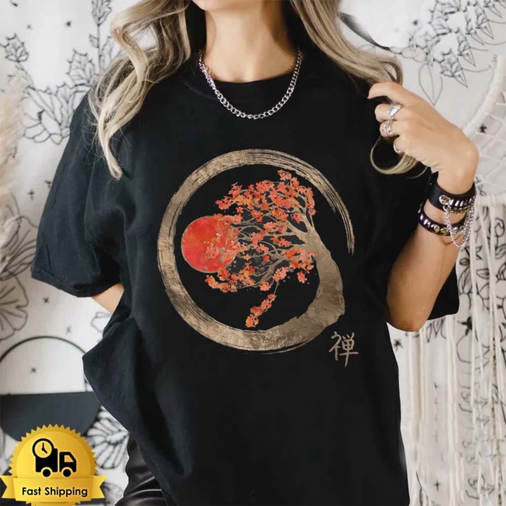 Trendy Print Enso Zen Circle and Sakura Tree T-Shirt Printed O-Neck Women's 90s Fashion Style Printed Short Sleeved Top T-Shirt