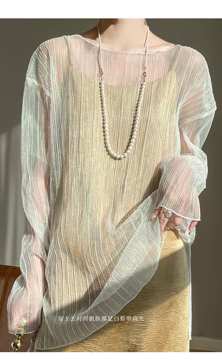 fashion Breathable 2024 Summer women's new round neck solid color lace mesh top  slim fit long sleeved shirt