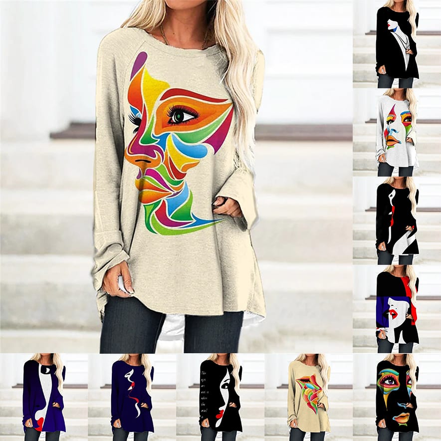 Women's T Shirt Tee Abstract Spliced Cartoon Painting  Graphic Patterned Print Streetwear Long Sleeve Round Neck Basic XS-8XL