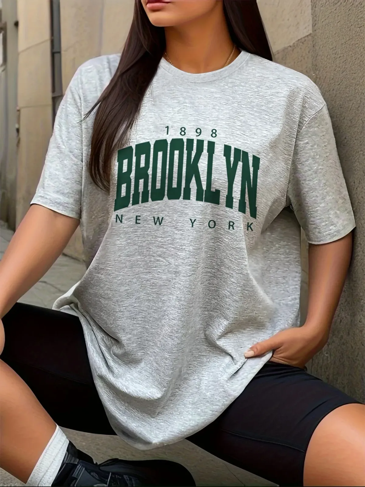Brooklyn 1898 Print T-Shirt, Short Sleeve Crew Neck Casual Top For Spring & Summer, Women's Clothing tops